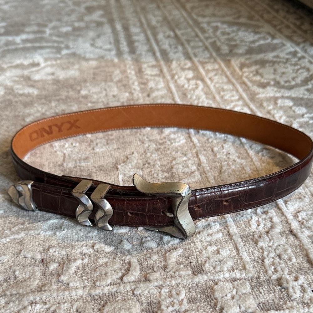 Onyx Dark Brown Leather Belt with Silver Accents